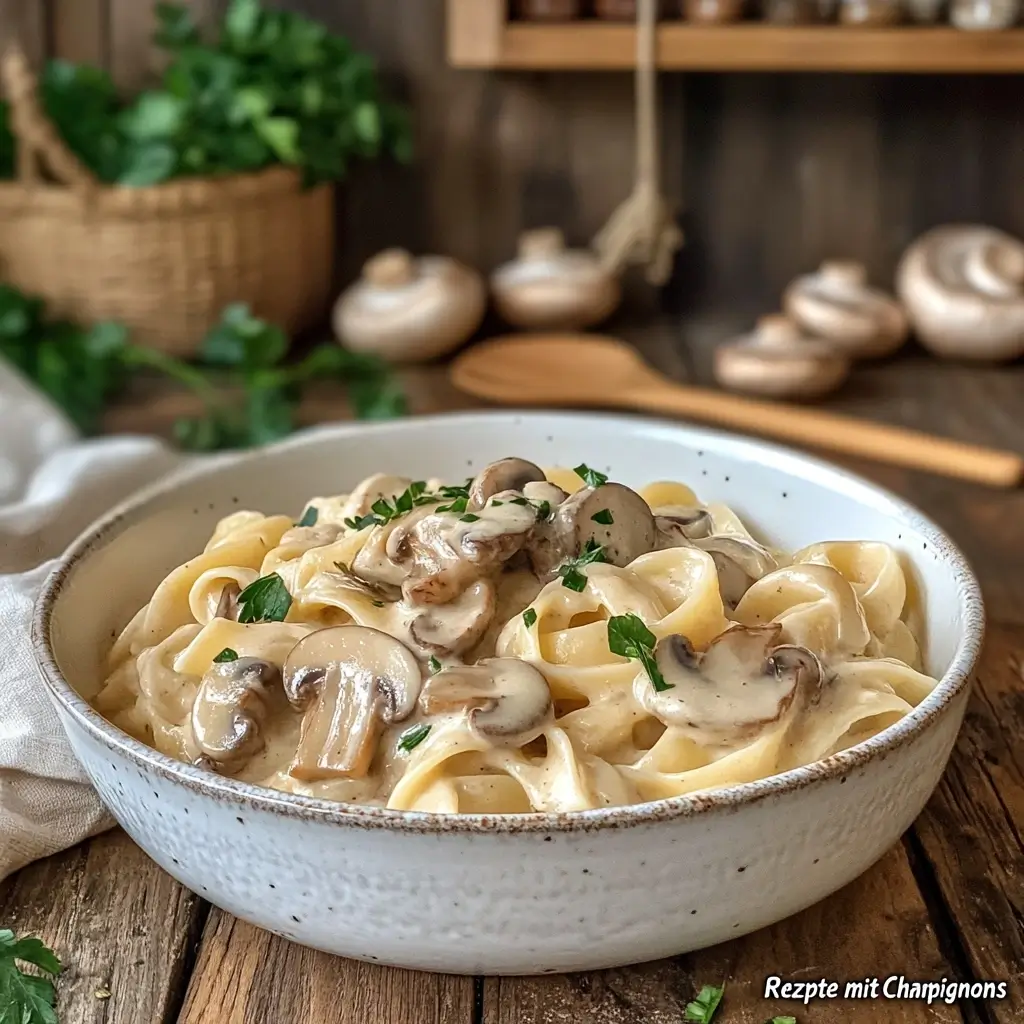 Cremige Champignon-Pasta auf einem rustikalen Holztisch mit frischen Zutaten – perfekter Einstieg in Rezepte mit Champignons