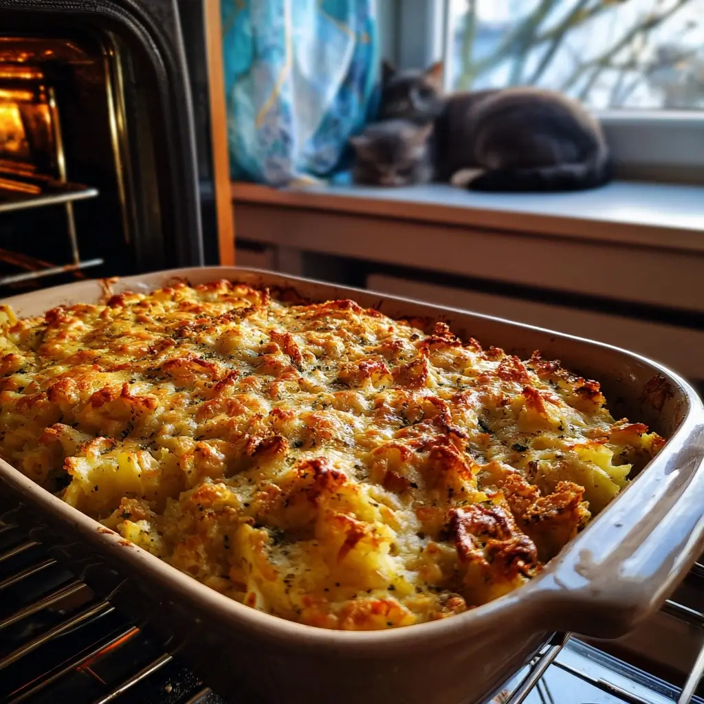 Fertig gebackener Brokkoli-Auflauf mit goldener Käsekruste