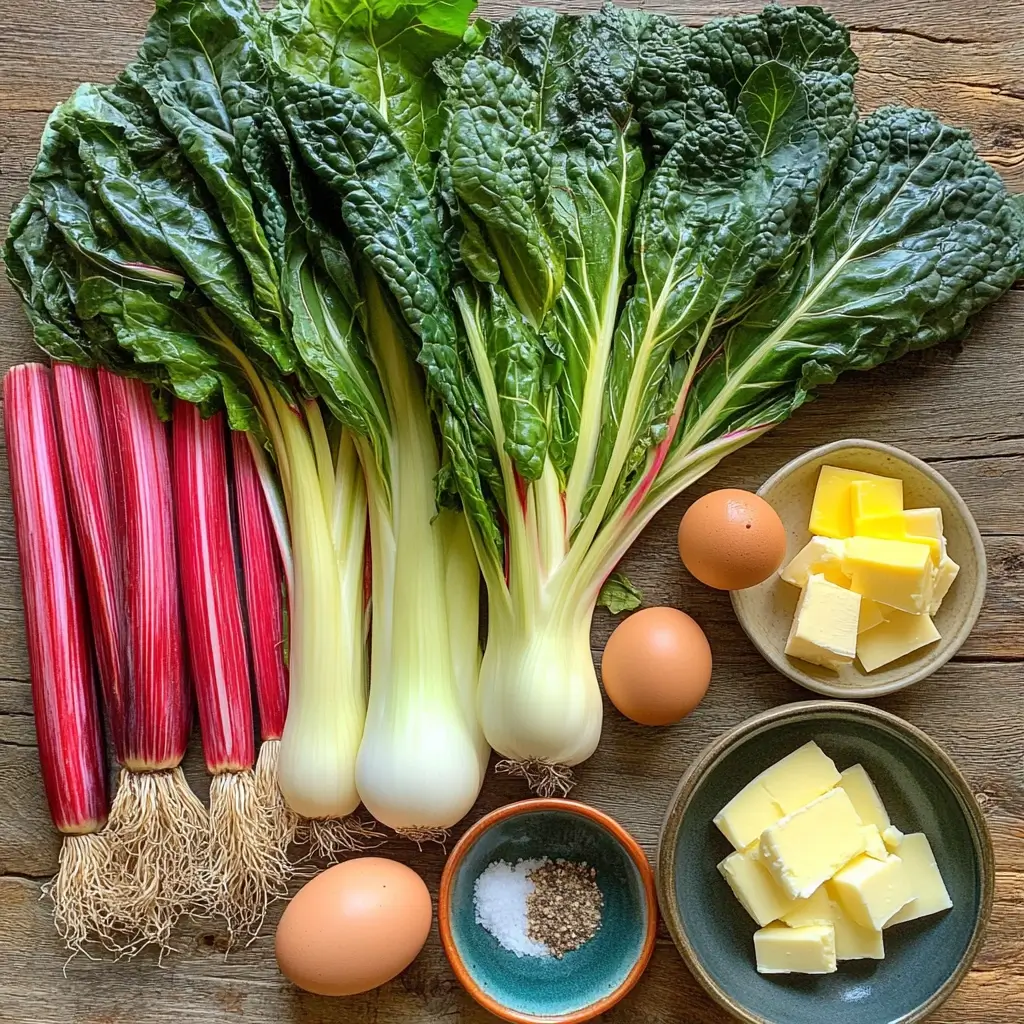 Frische Zutaten für Mangold Rezepte – roher Mangold, Eier, Butter und Gewürze auf Holzbrett.