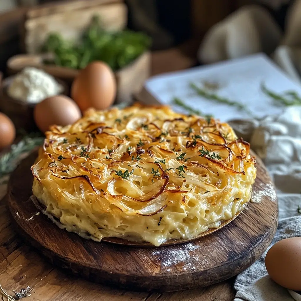 Käsespätzle Rezept serviert im Mini-Auflaufgericht auf Picknicktisch mit Freunden im Hintergrund