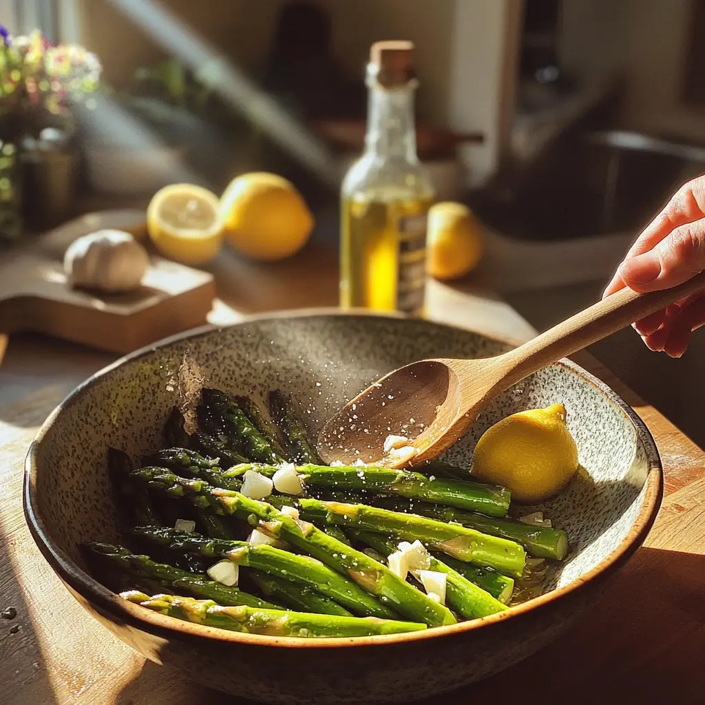 Grüner Spargel auf einem Backblech vorbereitet – ein wichtiger Schritt im Rezept für grünen Spargel.