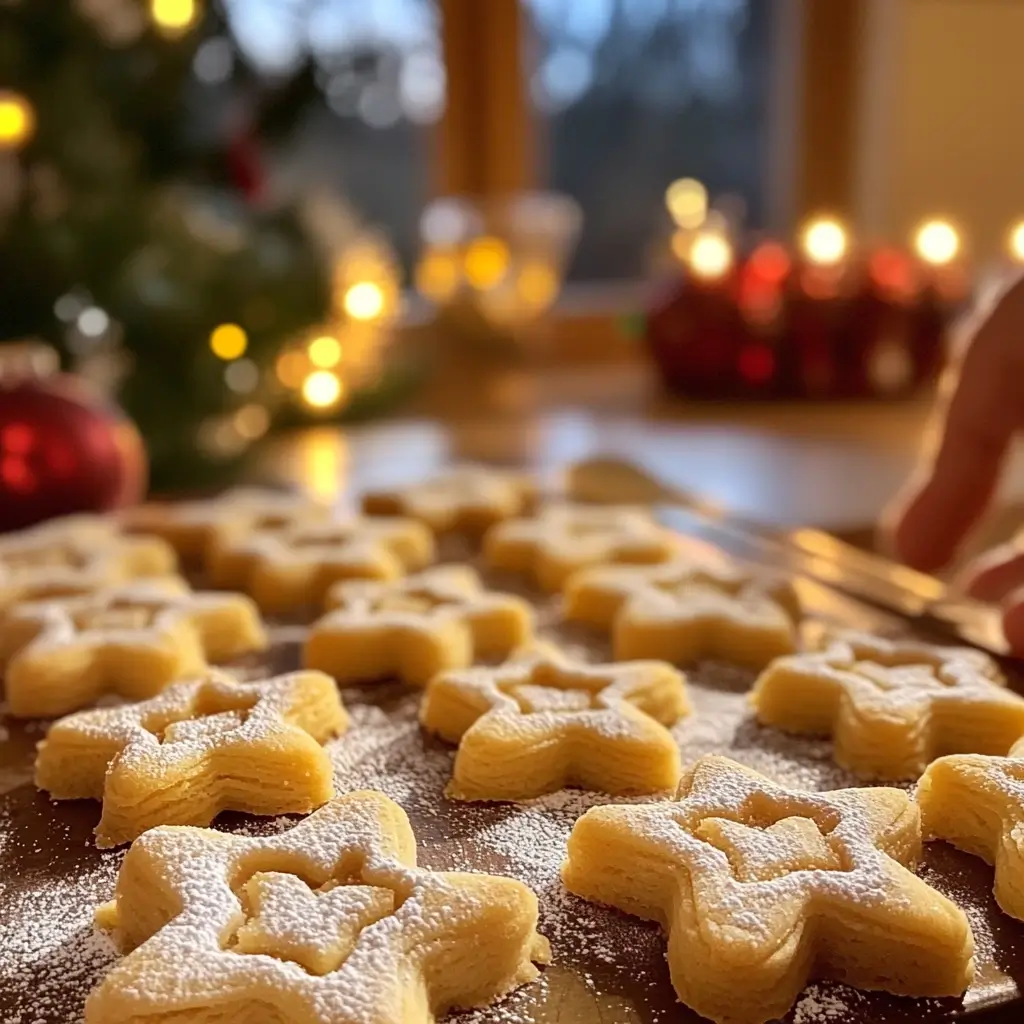 Kinder stechen Butterkekse in Sternform aus – Vorbereitung nach Kekse Rezept auf bemehlter Fläche.