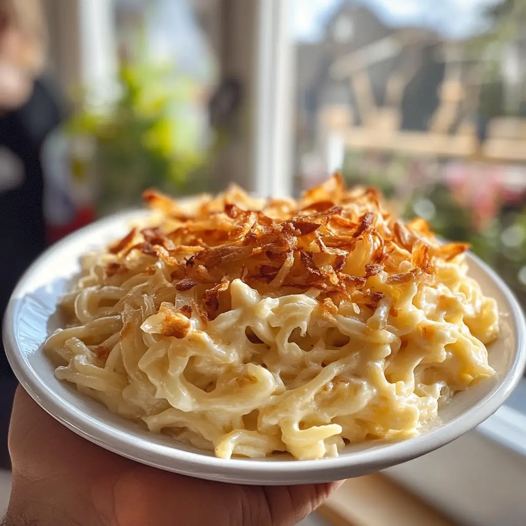 Käsespätzle Rezept in traditioneller Keramikform auf kariertem Tisch mit geriebenem Käse und Röstzwiebeln
