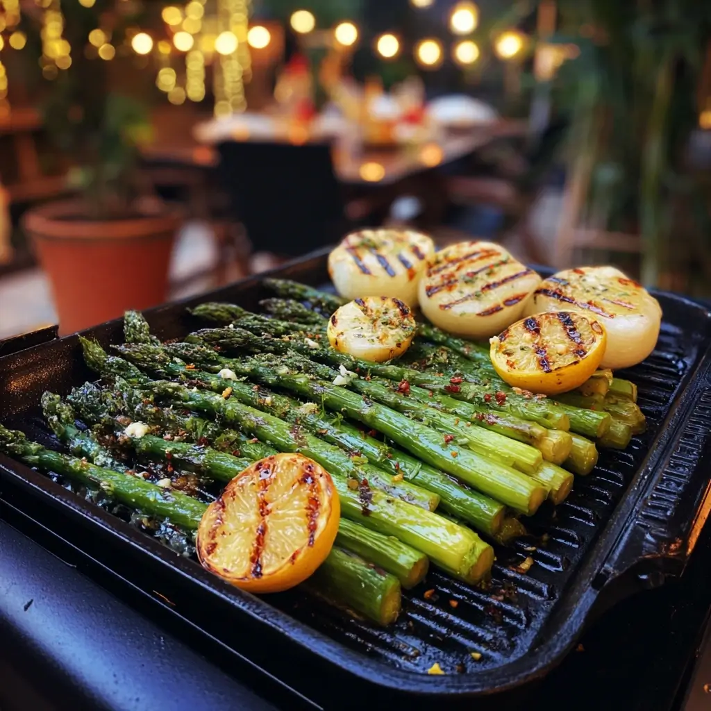 Rezepte mit grünem Spargel: gegrillter grüner Spargel mit Knoblauchöl, Zitrone und Gewürzen