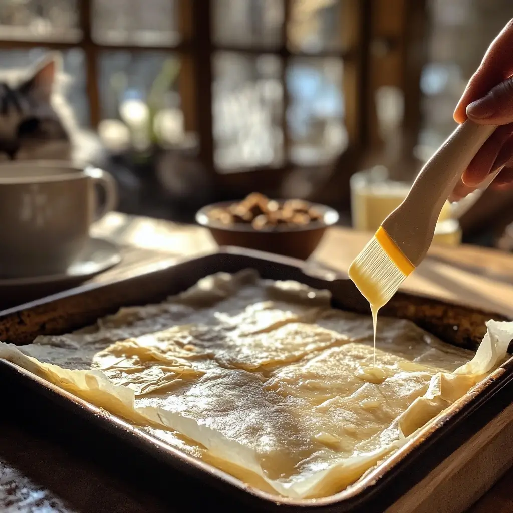Filo mit Butter bestreichen beim Baklava Rezept