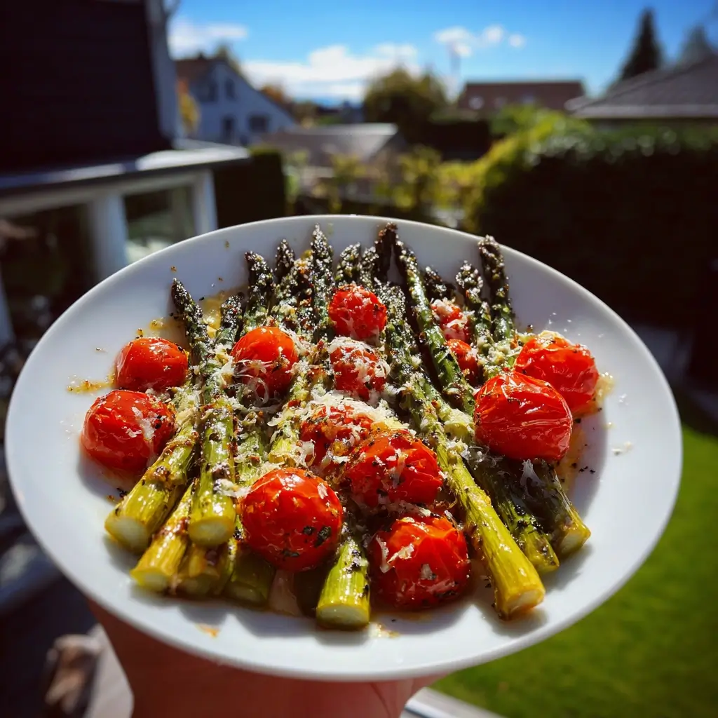 Grüner Spargel Rezepte – Ofengericht mit grünem Spargel, Tomaten, Zitrone und Parmesan auf einem weißen Teller, frisch angerichtet im hellen Frühlingslicht.