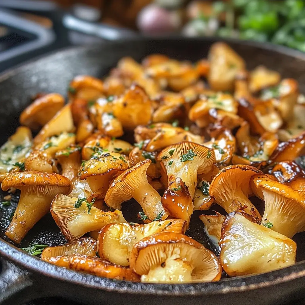 Nahaufnahme einer cremigen Eierschwammerl Sauce mit frischen Kräutern auf rustikalem Teller.
