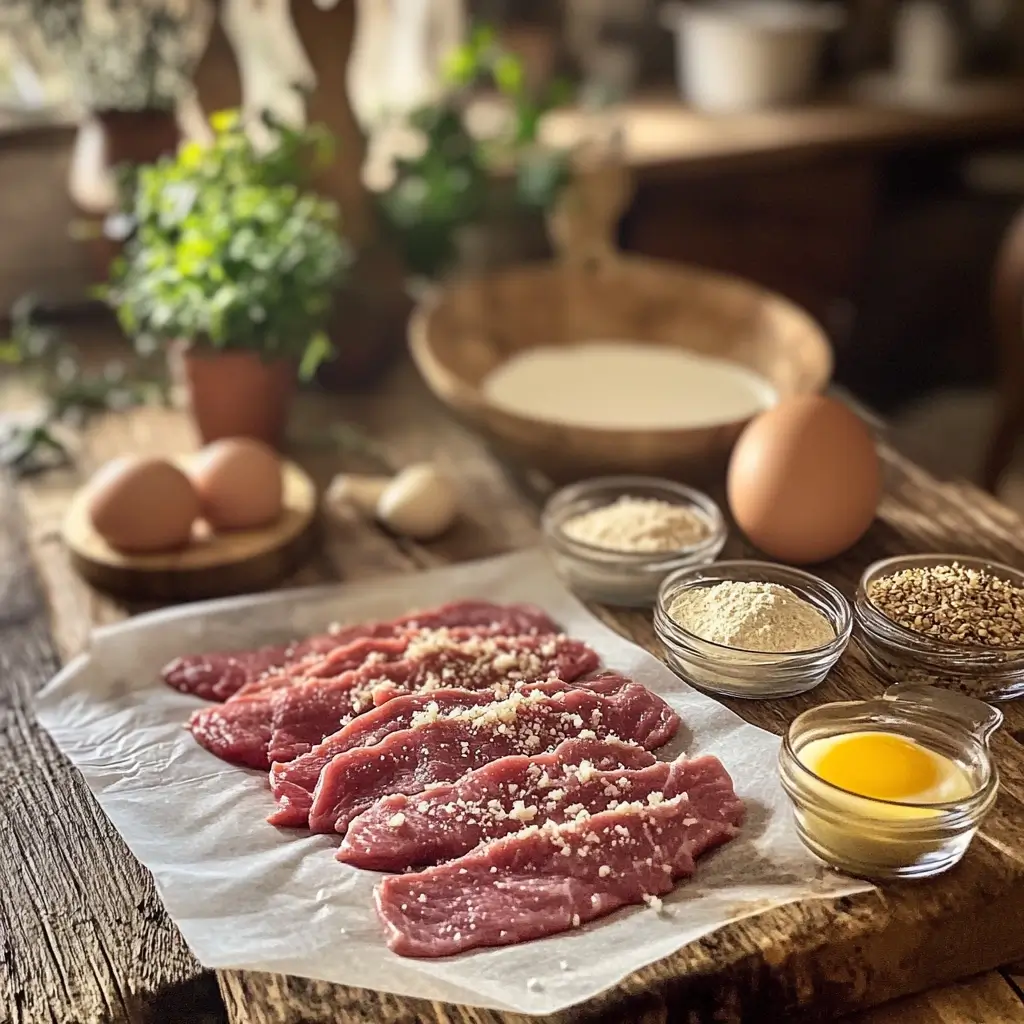 Zutaten für ein klassisches Rindsschnitzel Rezept auf einem Holzbrett arrangiert.