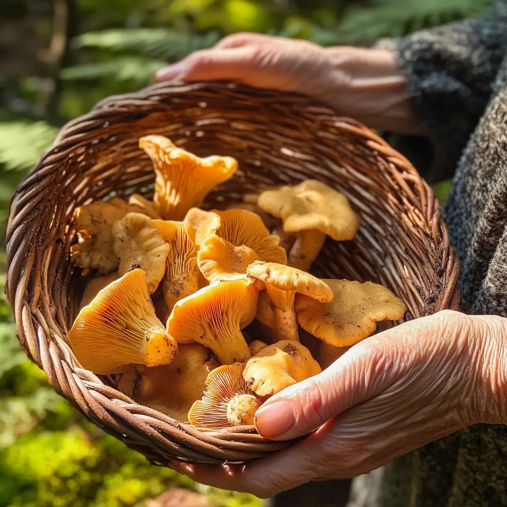 Frisch gesammelte Eierschwammerl im Wald als Teil des Rezept für Eierschwammerl.