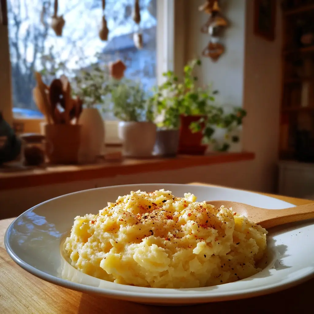 Feines Pastinakenpüree als Bestandteil eines pastinaken Rezepts, serviert auf einem weißen Teller mit Holzlöffel.