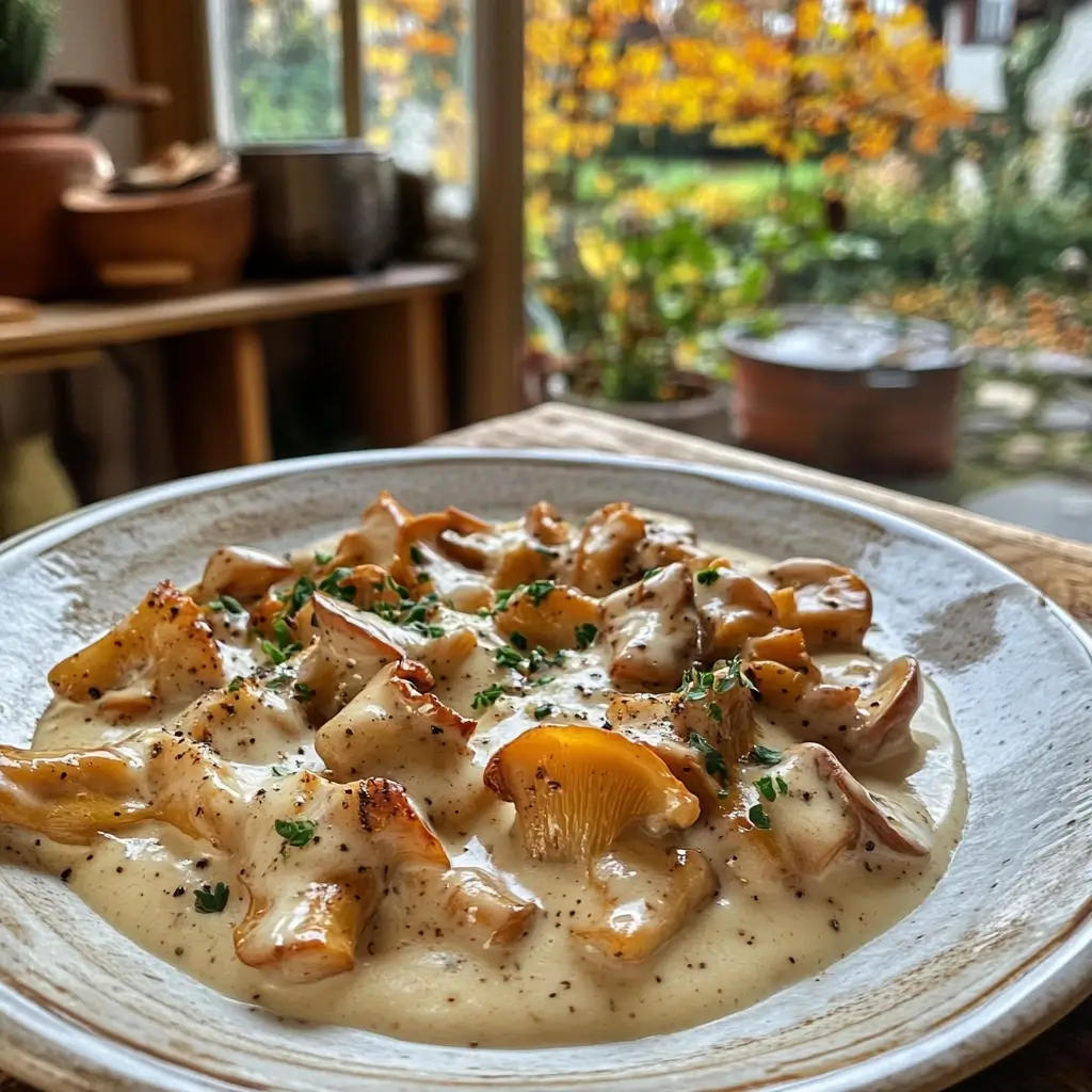 Fertiges Rezept für Eierschwammerl angerichtet in einem weißen Teller mit Petersilie.