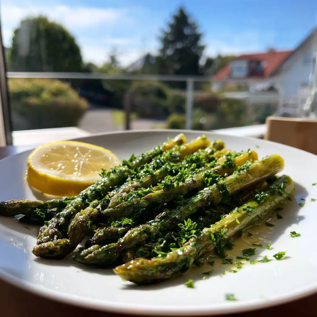 Ofengerösteter grüner Spargel auf modernem Teller als perfekte Inspiration für Spargel Rezepte.