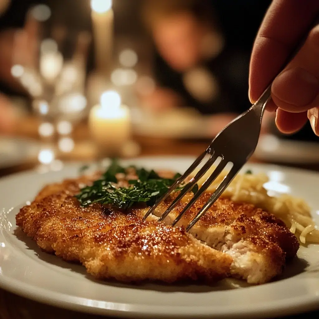 Rindsschnitzel Rezept angeschnitten mit Gabel und Messer, knusprige Textur sichtbar.