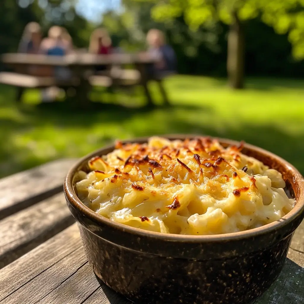 Käsespätzle Rezept in gusseisernem Auflauf, goldbraun gebacken im Ofen