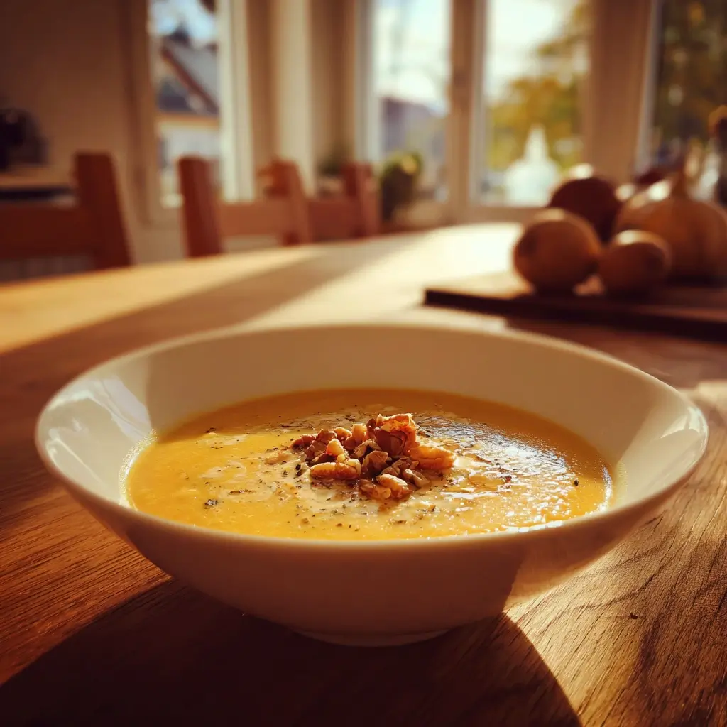 Cremige Pastinakencremesuppe als Teil eines pastinaken Rezepts in einer weißen Schüssel auf einem Holztisch.
