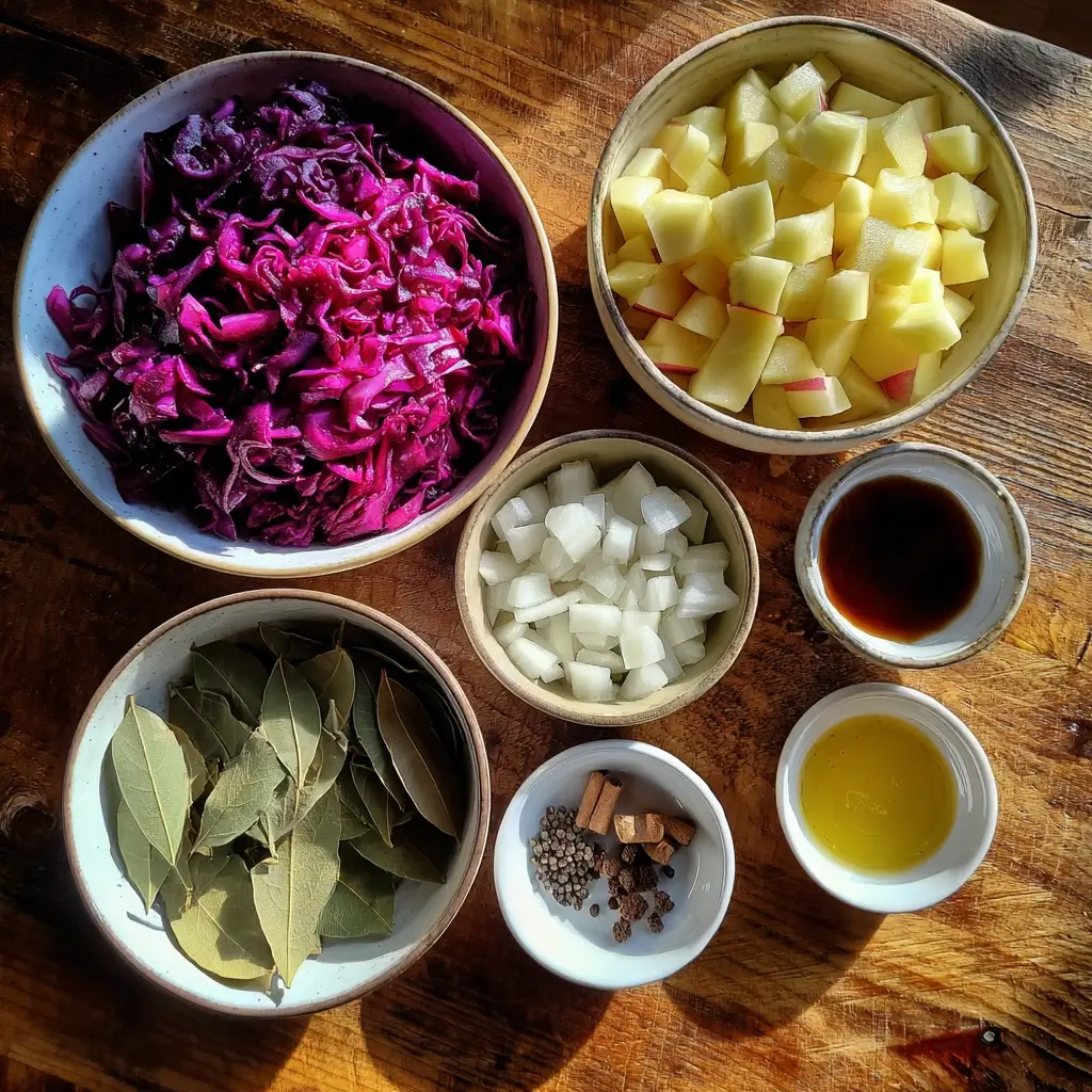 Frische Zutaten für Rotkohl Rezepte mit Äpfeln, Zwiebeln, Rotkohl und Gewürzen auf einem Holztisch