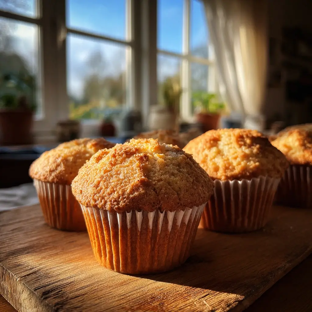 Frisch gebackene Muffins auf Holzbrett nach einfachem Muffin Rezept
