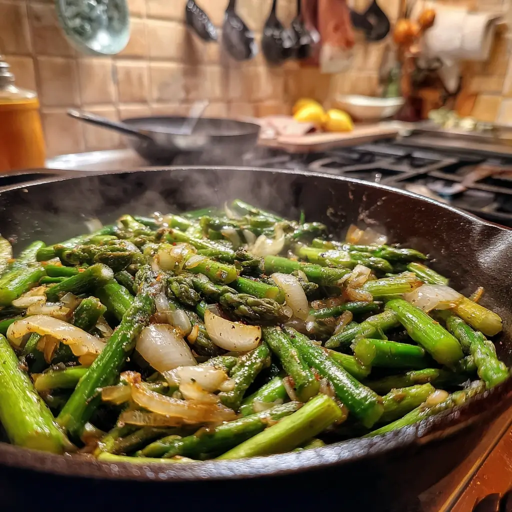 Rezepte mit grünem Spargel: grüner Spargel, Zwiebeln und Knoblauch in einer Pfanne angebraten