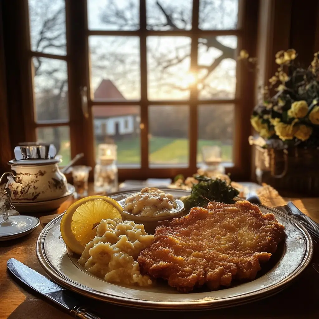 Rindsschnitzel Rezept liebevoll serviert auf einem Familientisch mit natürlichem Licht.
