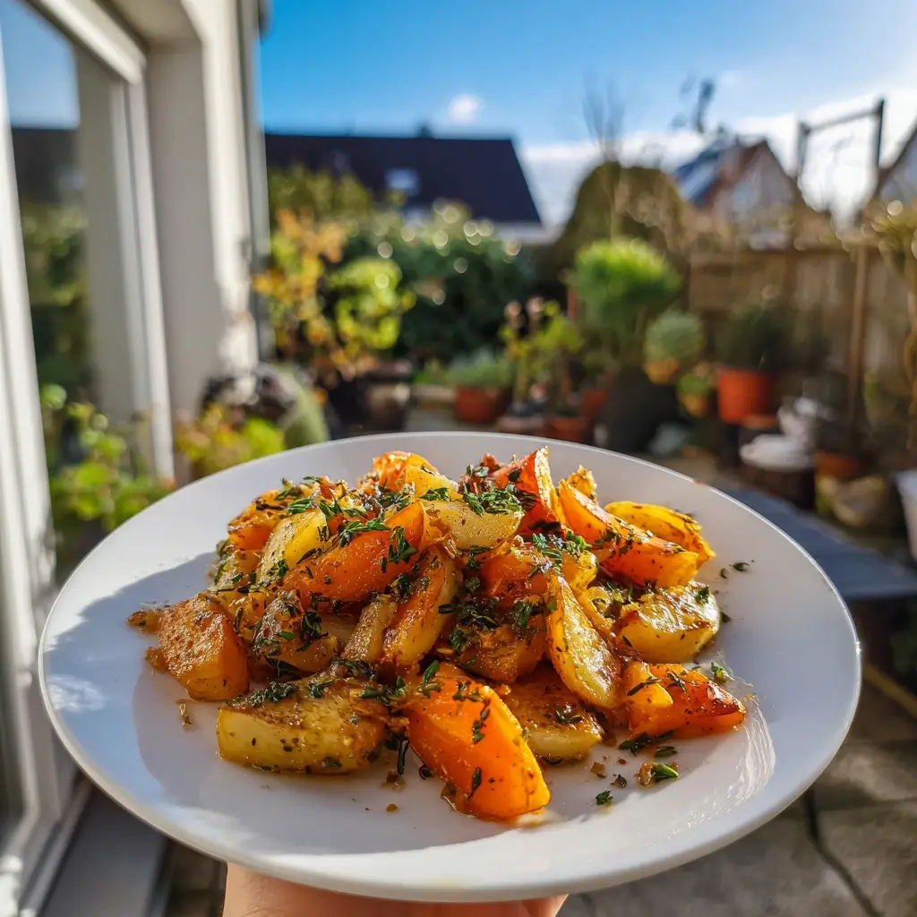 Geröstete Pastinaken auf einem weißen Teller als hero shot für ein pastinaken Rezept, fotografiert in einer modernen Küche mit natürlichem Licht.