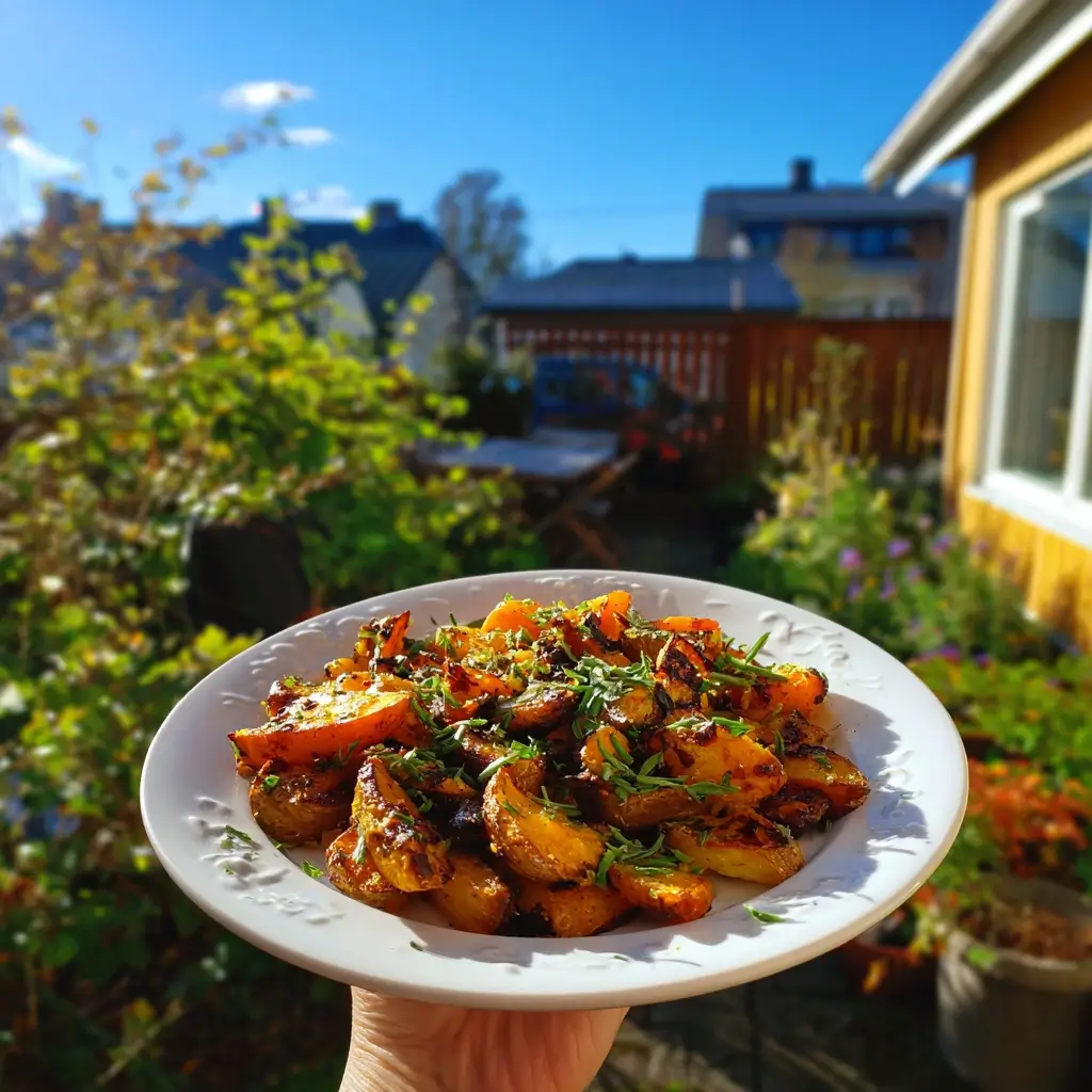 Frisch servierte geröstete Pastinaken auf einem weißen Teller als Teil eines pastinaken Rezepts, im sonnigen Garten gehalten.