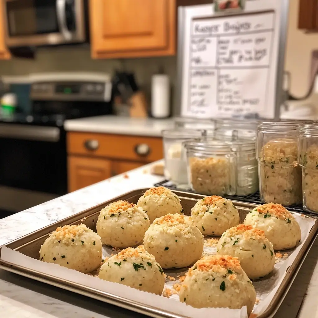 Rohe Kaspressknödel auf einem Backblech mit Brot-Zutaten im Glas im Hintergrund