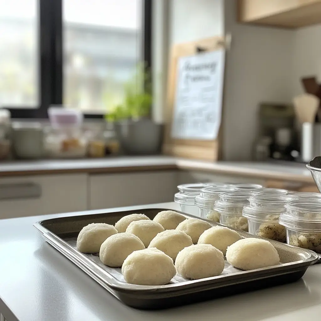 Kaspressknödel roh auf einem Backblech mit Gläsern voller Brotmasse in heller Küche