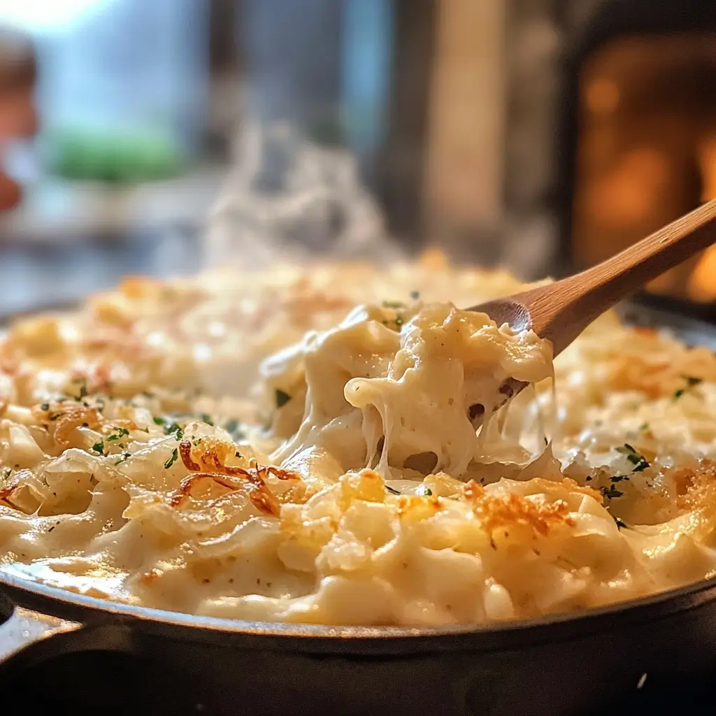 Käsespätzle Rezept serviert auf weißem Teller mit goldbraunen Zwiebeln und schmelzendem Käse