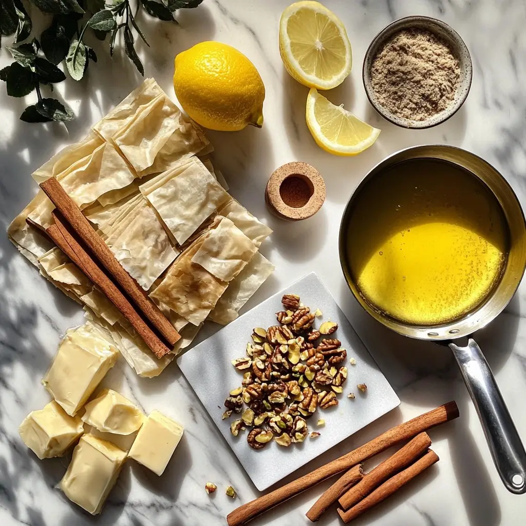 Zutaten für ein klassisches Baklava Rezept auf Marmorplatte