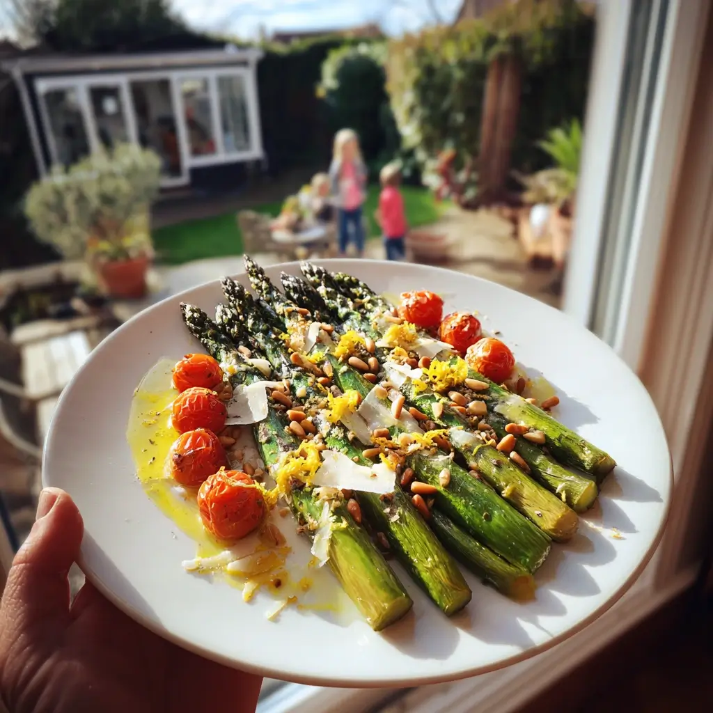 Grüner Spargel Rezepte – elegant angerichteter grüner Spargel mit Tomaten, Zitronenzeste, Olivenöl und Parmesan auf einem weißen Teller.