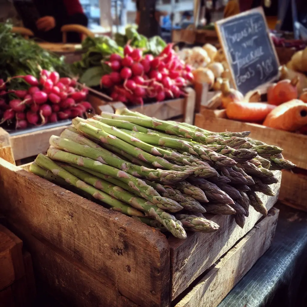 Rezepte mit grünem Spargel: frischer grüner Spargel auf einem Bauernmarkt in einer Holzkiste