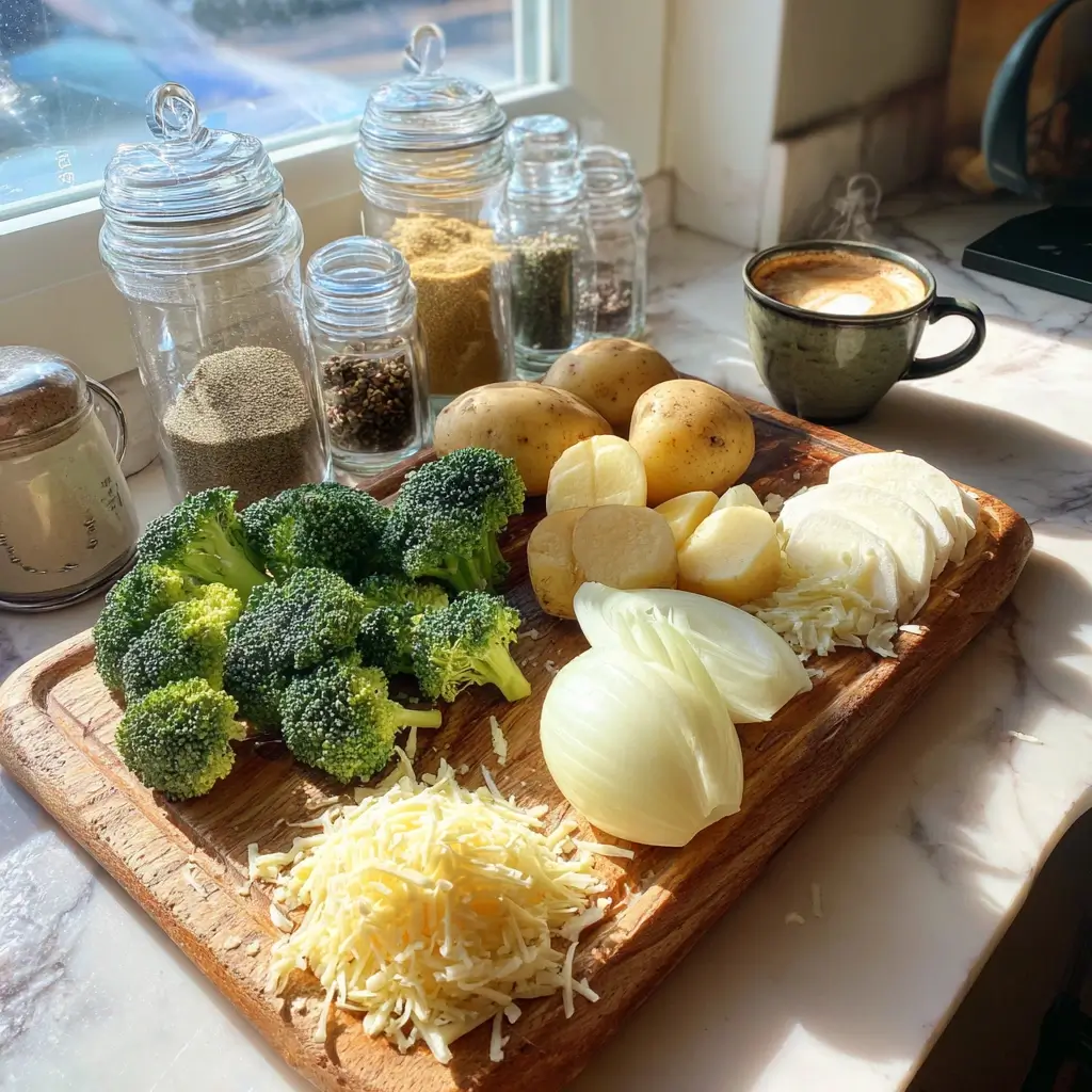 Zutaten für Brokkoli-Auflauf: frischer Brokkoli, Kartoffeln, Sahne und Käse