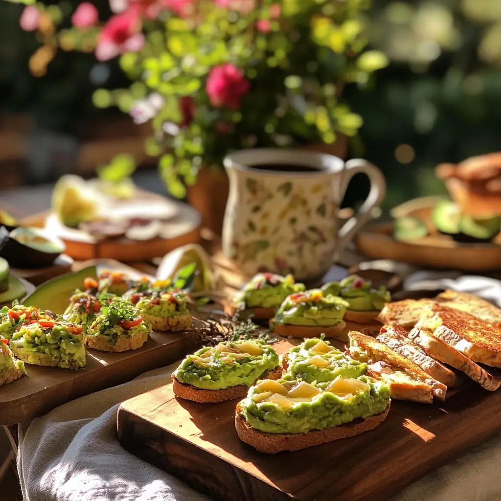 Brunch-Tisch mit verschiedenen Avocado Rezepte wie Toasts, Dips und Wraps auf Holzbrettern