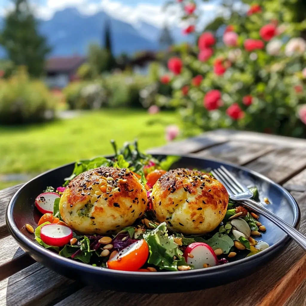 Nahaufnahme eines fertigen Kaspressknödel auf einem weißen Teller mit Kräutern