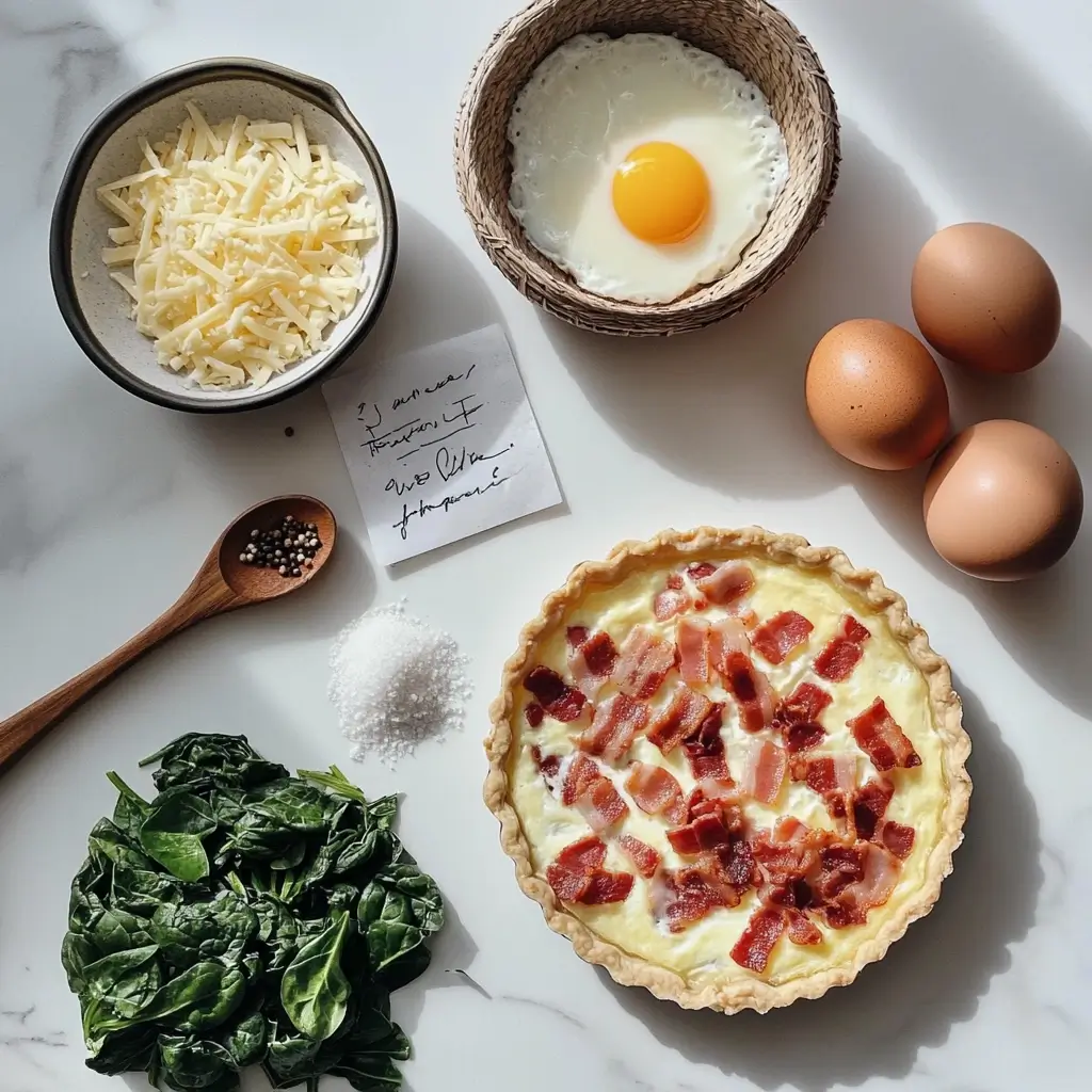Zutaten für ein klassisches quiche rezept auf einem weißen Untergrund
