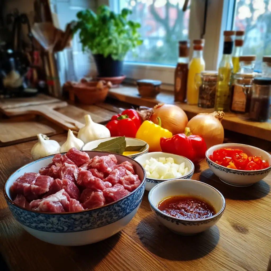 Schaschlik Rezepte – Fleisch, Paprika und Zwiebeln werden für Grillspieße vorbereitet