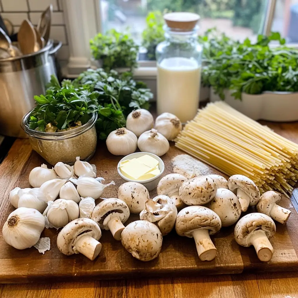 Frische Zutaten für Rezepte mit Champignons – Pilze, Zwiebeln, Knoblauch, Kräuter und Sahne auf einem Holzbrett