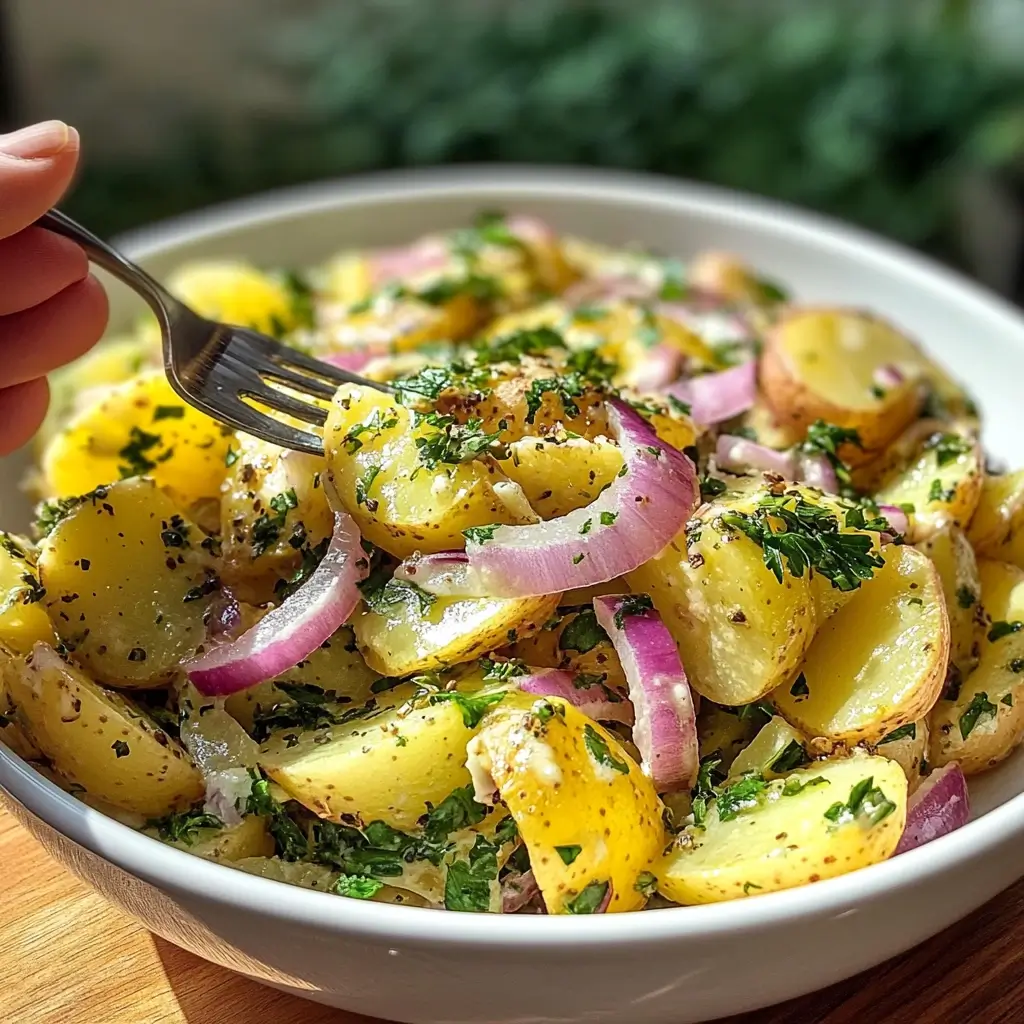 Frischer bayerischer Kartoffelsalat mit Essig und Öl – klassisches Rezept mit Kartoffeln in einer weißen Schüssel