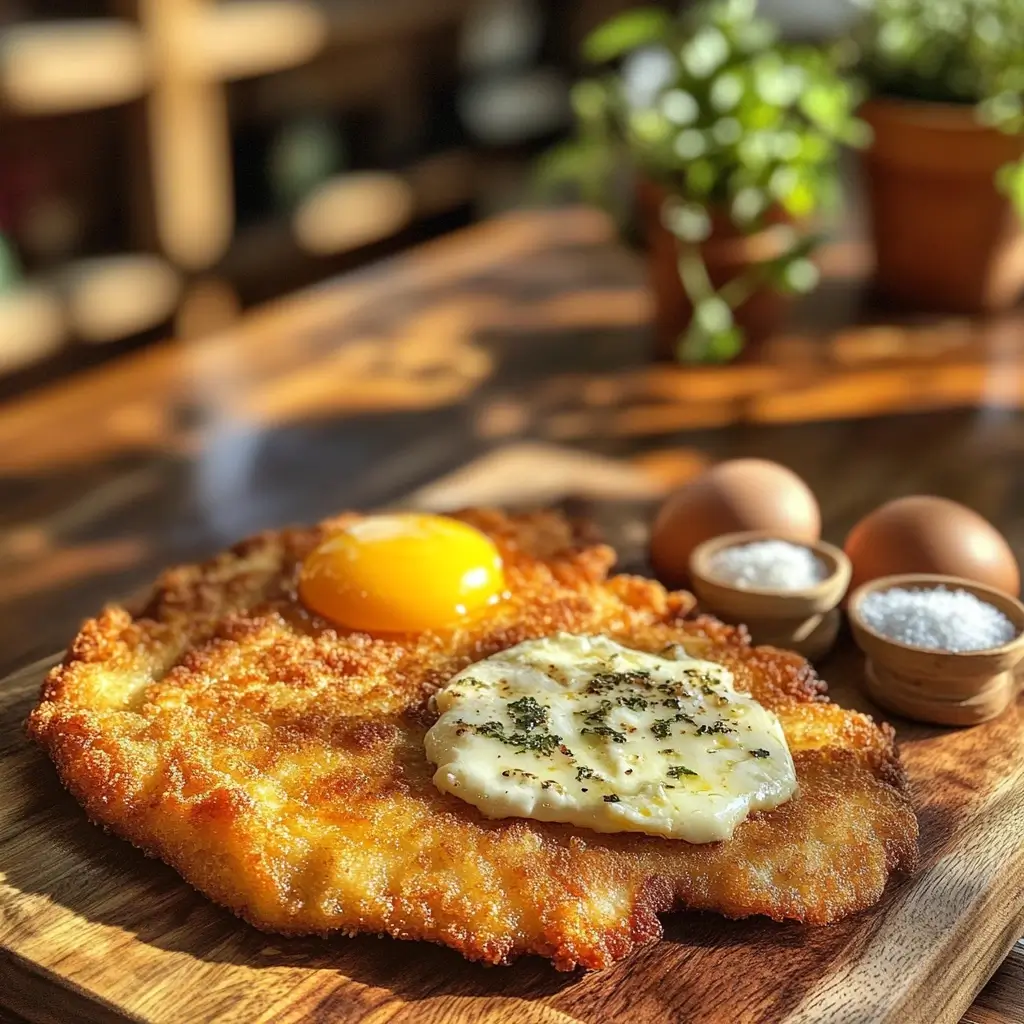 Serviertes Rindsschnitzel Rezept mit Kartoffelsalat, Zitrone und Petersilie auf einem weißen Teller.