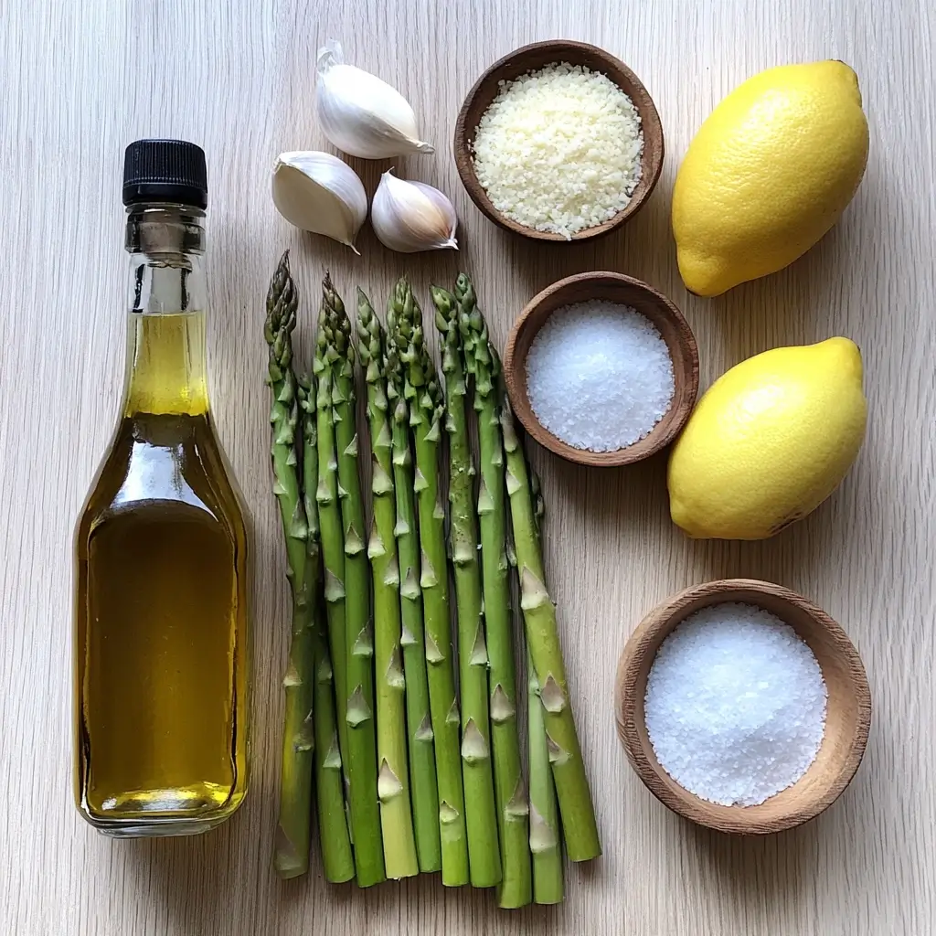 Zutaten für das Rezept für grünen Spargel: frischer Spargel, Knoblauch, Zitrone, Olivenöl, Parmesan, Salz und Pfeffer.