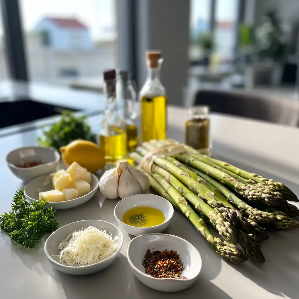 Alle Zutaten für Spargel Rezepte auf hellem Küchentisch ordentlich angerichtet.