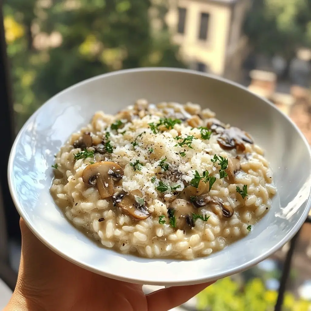 Champignon-Risotto mit Parmesan und Kräutern auf einem weißen Teller – elegantes Rezept mit Champignons