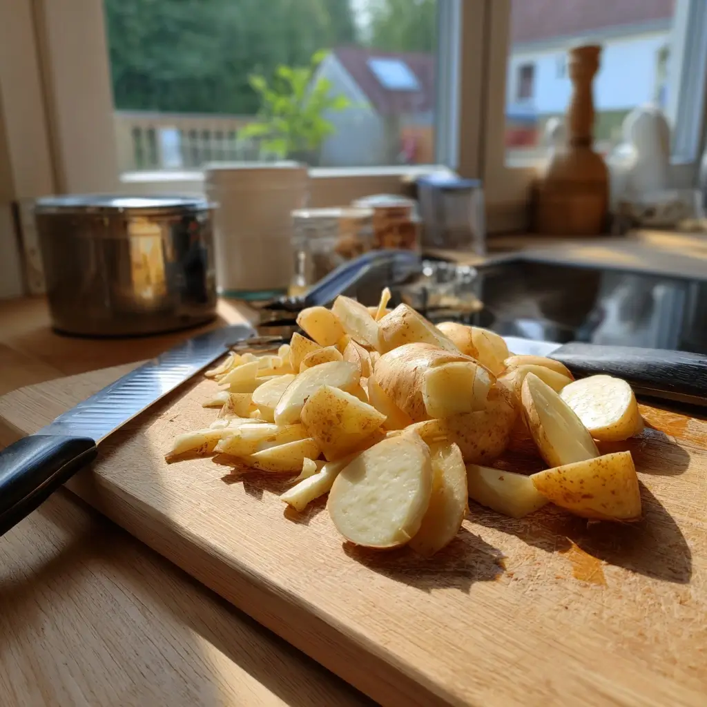 Frisch geschnittene Pastinaken auf einem Holzbrett als Vorbereitung für ein pastinaken Rezept, mit Küchenutensilien im sonnigen Hintergrund.