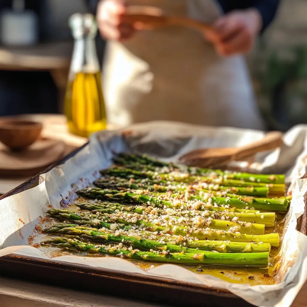 Zubereitungsschritt beim Rezept für grünen Spargel – Spargel wird in einer Knoblauch-Zitronen-Olivenöl-Marinade eingelegt.