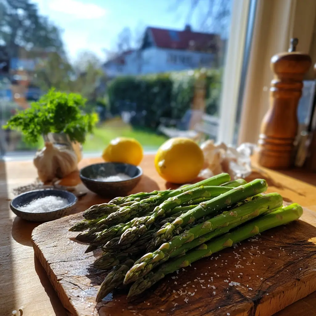 Frischer grüner Spargel auf Holzbrett im Sonnenlicht, perfektes Motiv für Spargel Rezepte im Frühling.