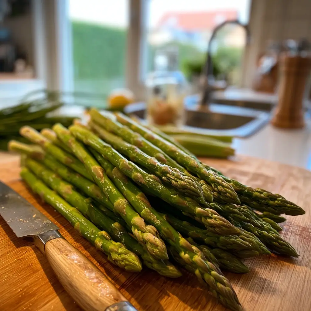 Vorbereiteter grüner Spargel auf Schneidebrett für frische Spargel Rezepte.