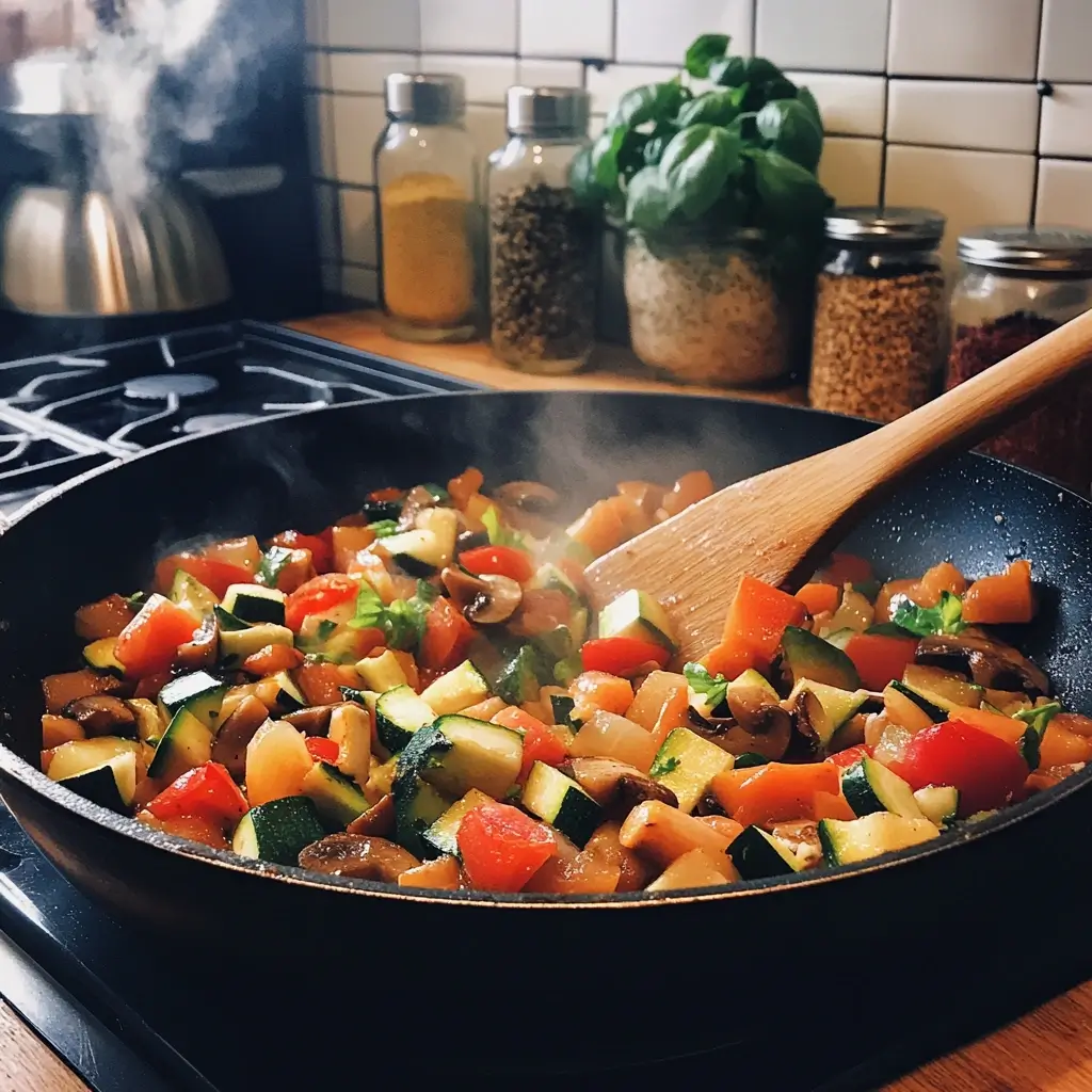 Frisches Gemüse wird für ein quiche rezept angebraten