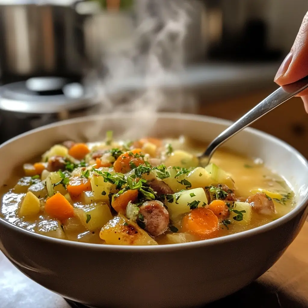 Warme Kartoffelsuppe mit Gemüse und Kräutern – leckeres Rezept mit Kartoffeln in einer Schüssel