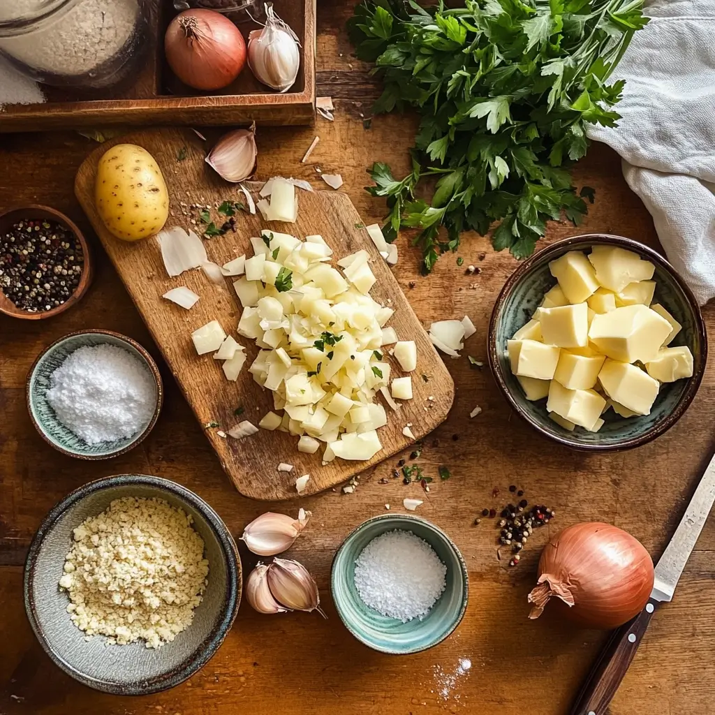 Frische Zutaten für Rezepte mit Kartoffeln, inklusive geschälten Kartoffeln, Zwiebeln, Knoblauch, Butter, Sahne, Käse und Gewürzen auf einem Holztisch