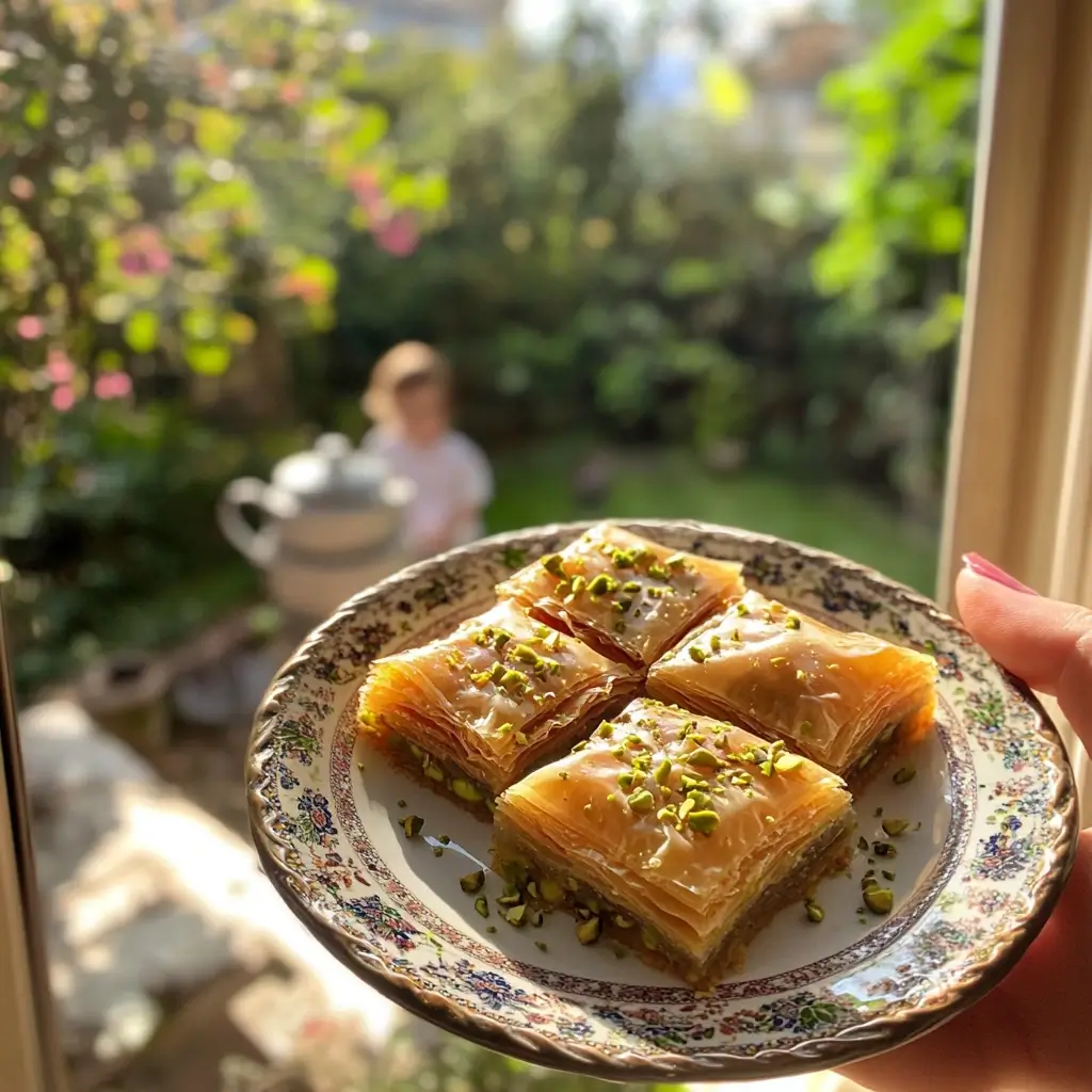 Hausgemachtes Baklava Rezept mit Nüssen auf orientalischem Tablett serviert